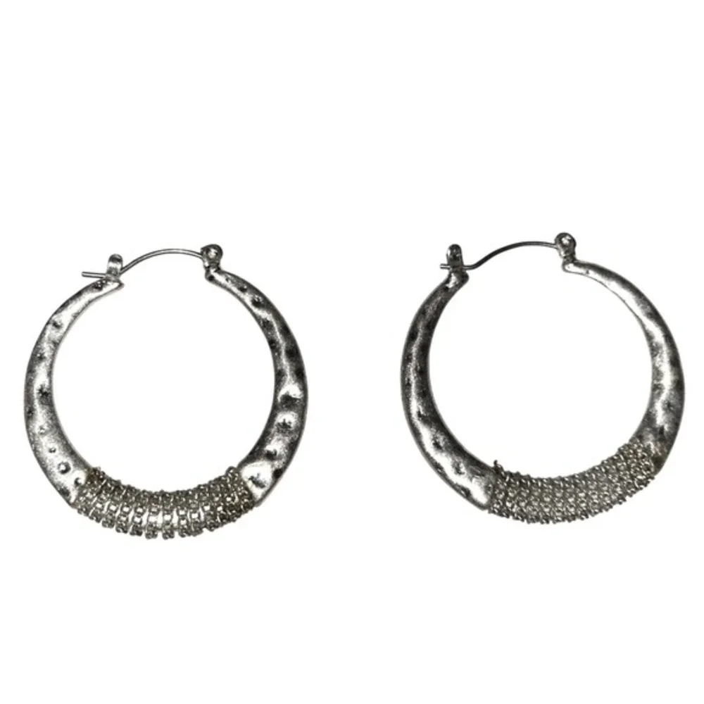 Lucky Brand Silver Hammered Hoop Earrings Wire‎ Wrapped Boho Medium 1.25 Inch